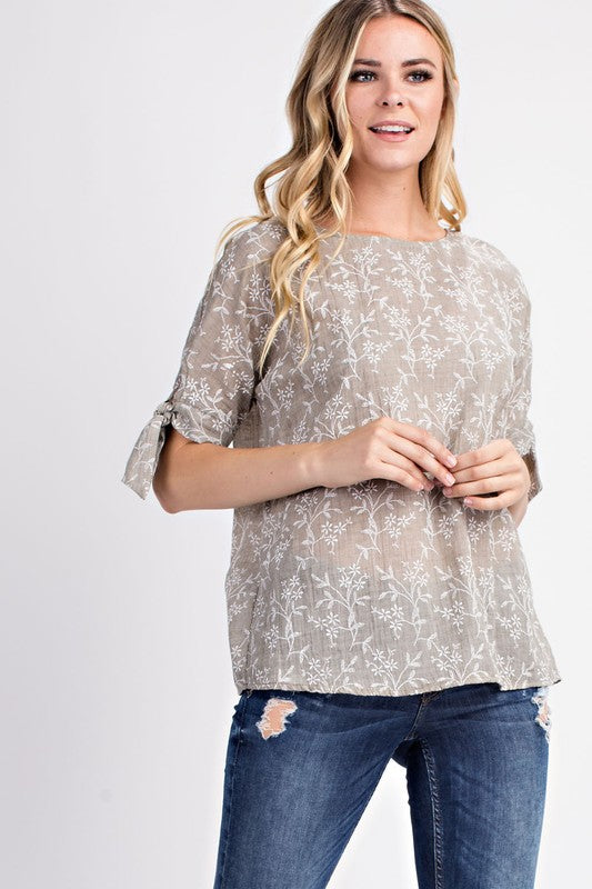 Embroidered Tie Sleeve Top